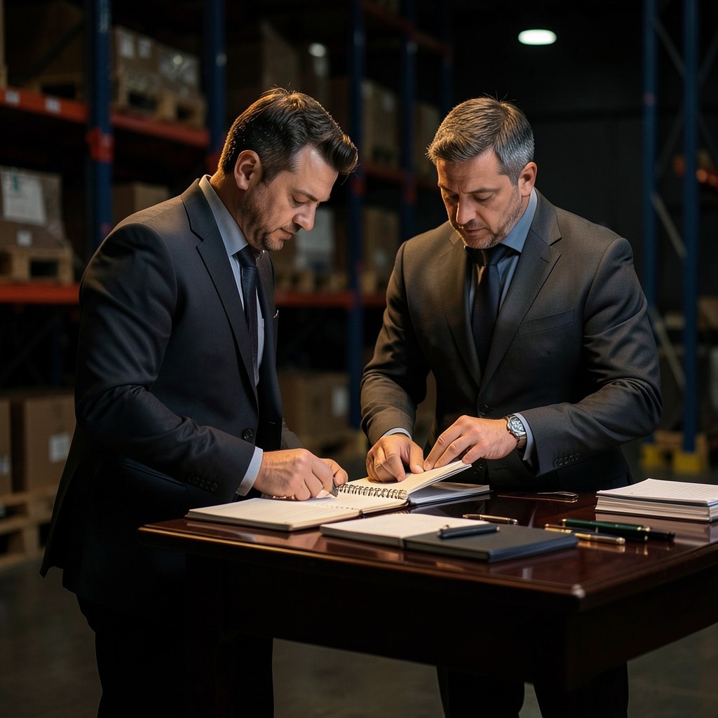 Two inventory analysts reviewing notes at a warehouse staging table