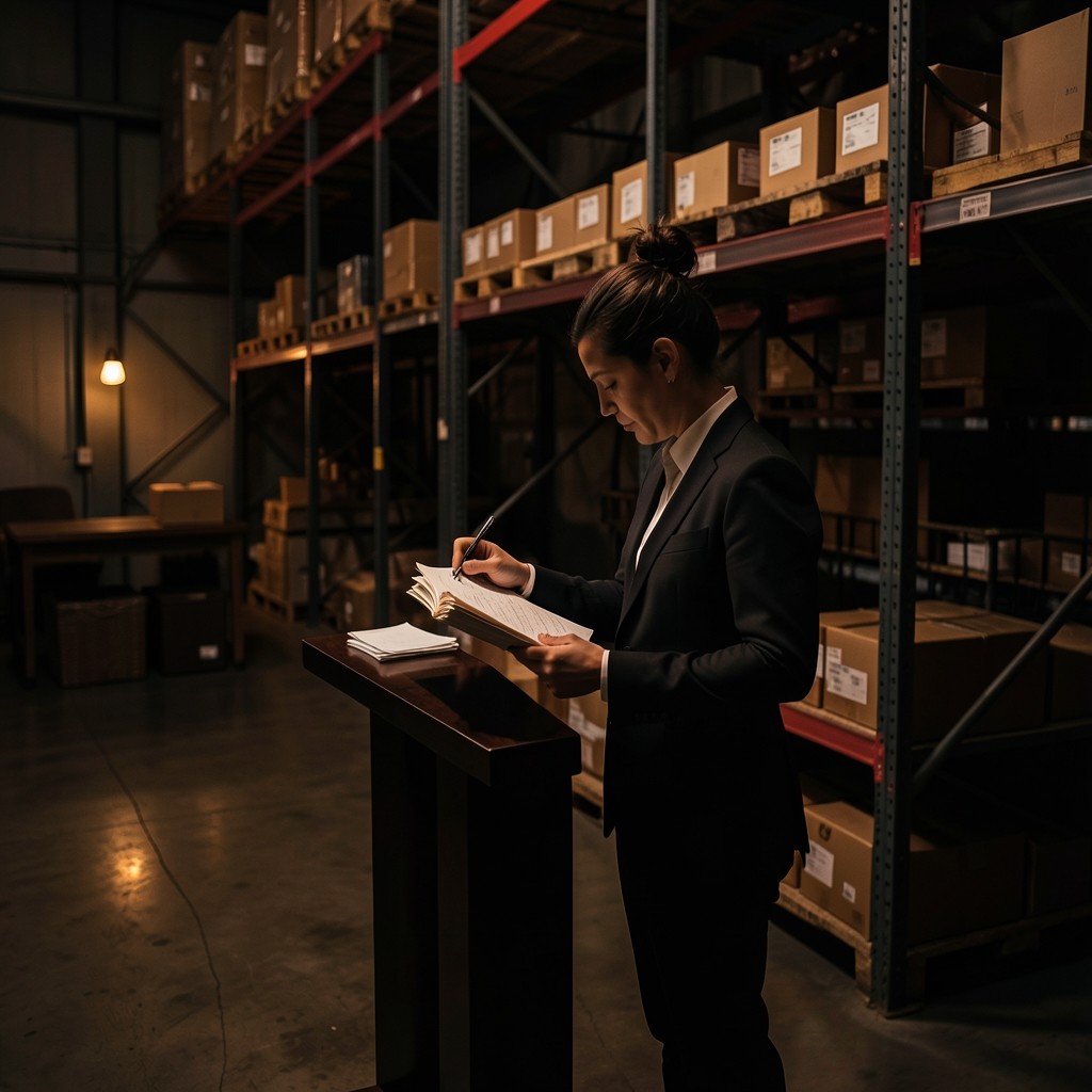 Analyst reviewing stock ledgers beside pallet racking in a quiet warehouse bay