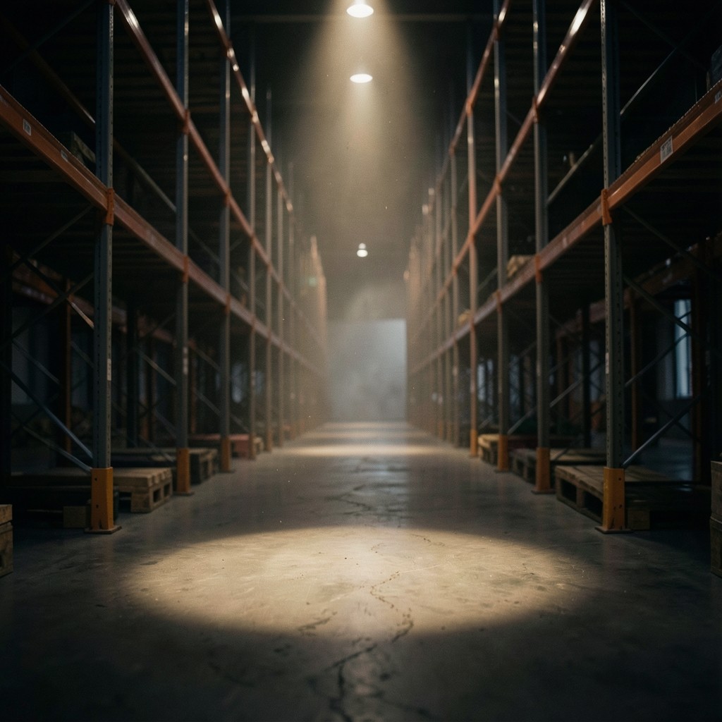 Dimly lit warehouse aisle with tall racking and warm cinematic light along the floor