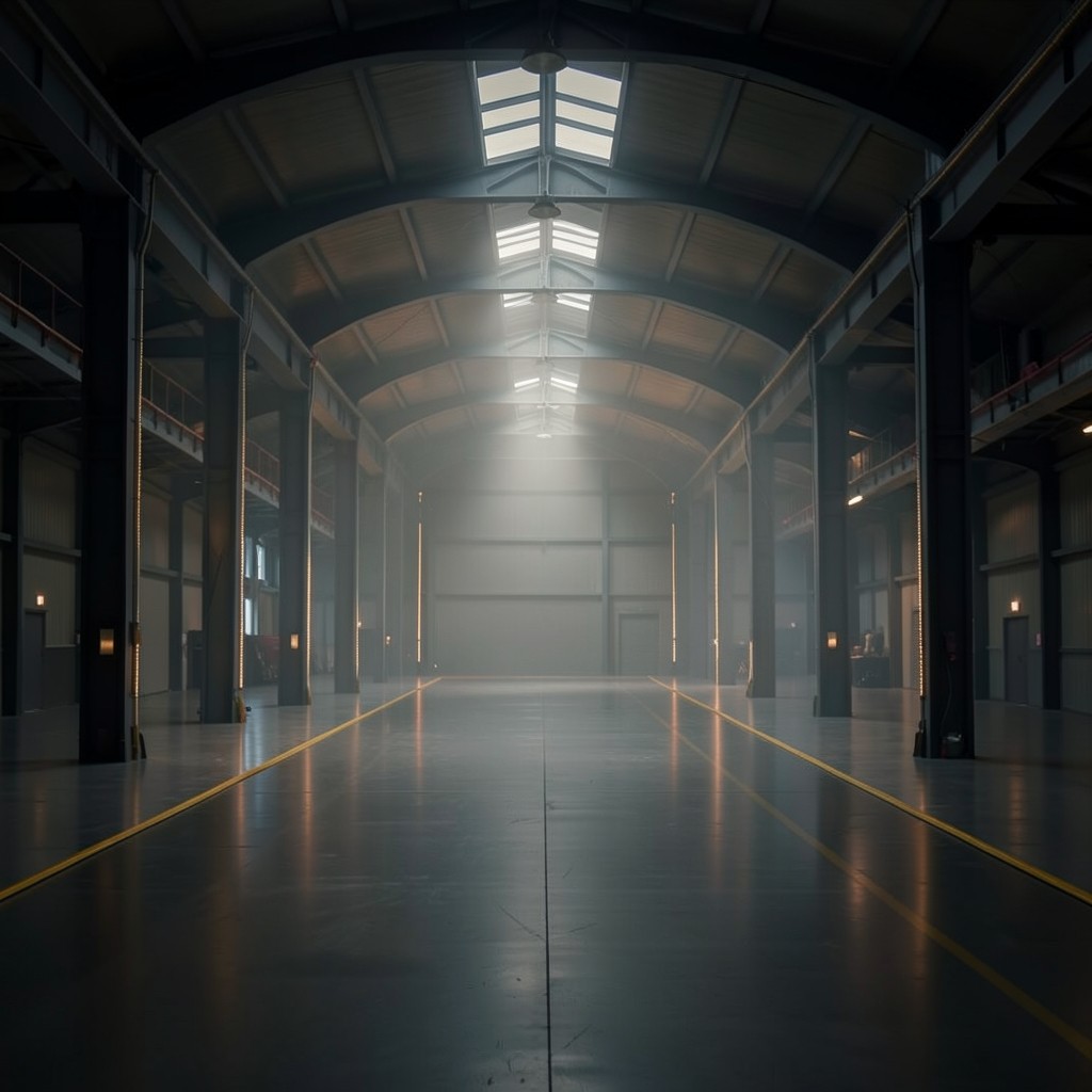 Wide warehouse corridor with soft cinematic light falling across empty staging lanes